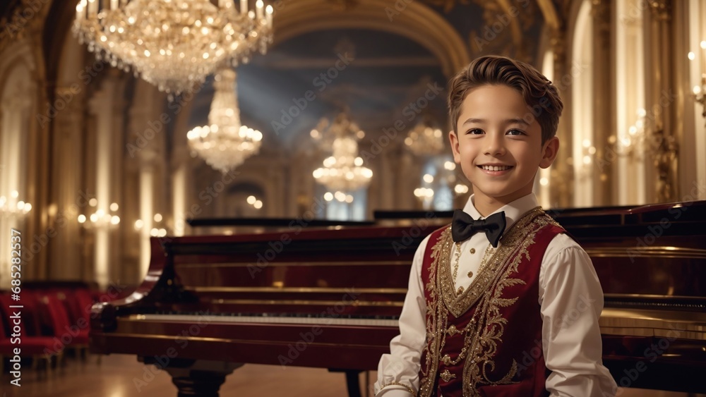 Obraz premium A smiling boy of European descent, holding his hands in his pants, dressed in a stylish ensemble, in a large music hall with ornate architecture. Elegant chandeliers, a grand piano