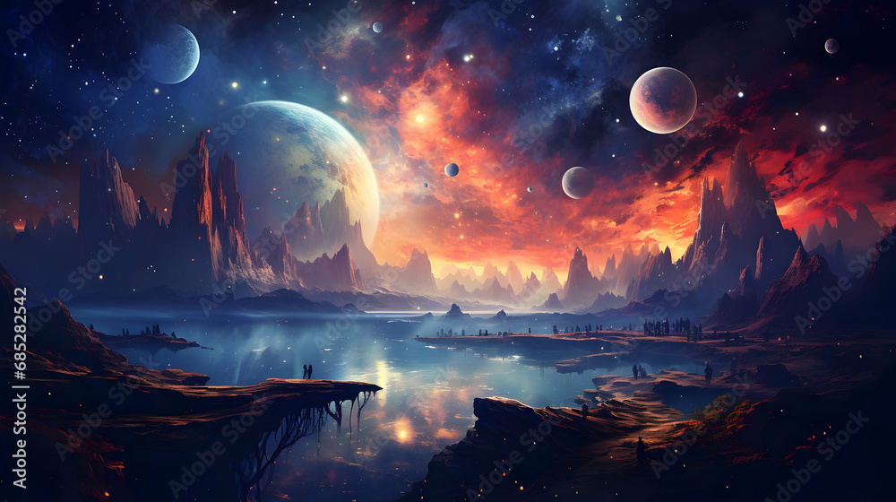 Planets and galaxy, science fiction wallpaper. Beauty of deep space. Billions of galaxies in the universe Cosmic art background,Generated by AI Planets and galaxy, science fiction wallpaper. Beauty of deep space. Billions of galaxies in the universe Cosmic art background,Generated by AI