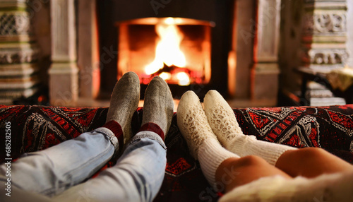 Couple lying side by side in front of the fireplace at home on Valentine's Day. Valentine's Day concept