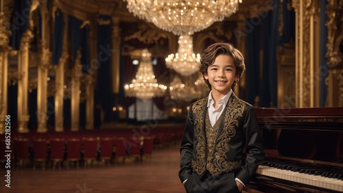 A smiling boy of European descent, holding his hands in his pants, dressed in a stylish ensemble, in a large music hall with ornate architecture. Elegant chandeliers, intricate details and a grand pia photo