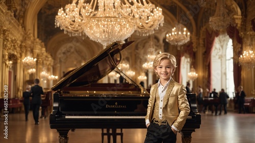 A smiling boy of European descent, holding his hands in his pants, dressed in a stylish ensemble, in a large music hall with ornate architecture. Elegant chandeliers, a grand piano