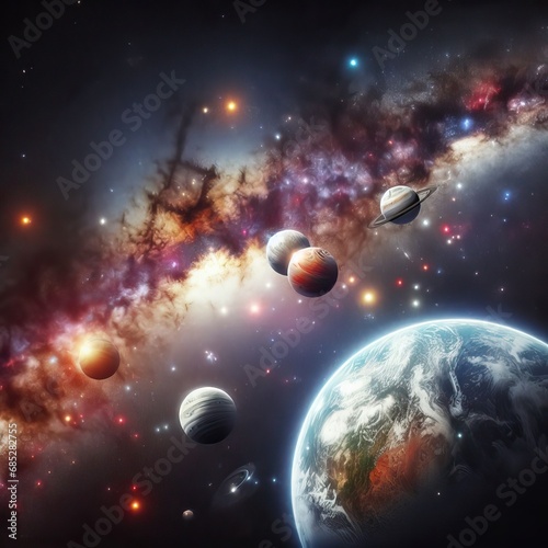 Colorful galaxies, stars and planets in space abstract illustration Generative AI