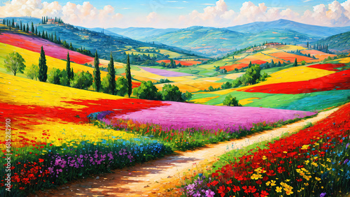 Summer landscape beautiful and moody oil painting on canvas, countryside flowers and meadows.