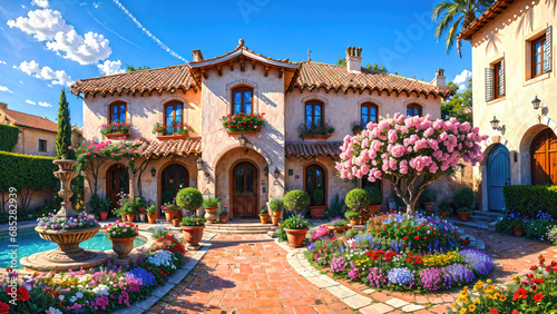 Beautiful house surrounded by flowers, mediterranean architecture oil painting on canvas. photo
