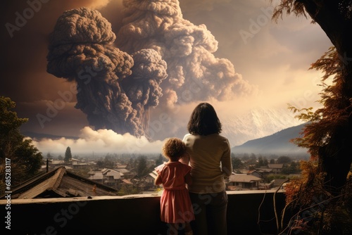 A volcanic eruption engulfs a small village  a girl and her daughter watch it