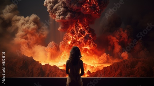 A volcanic eruption engulfs a small village, a woman watch it