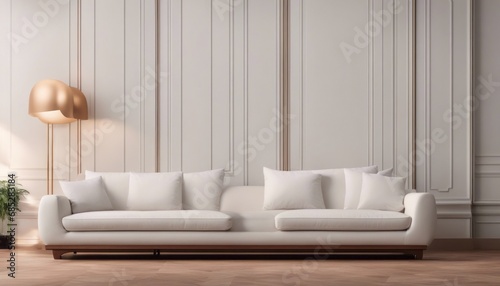 White sofa against terra cotta marble stone paneling wall with copy space. Minimalist home interior