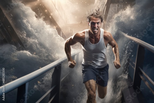 An athlete runs from a tsunami photo