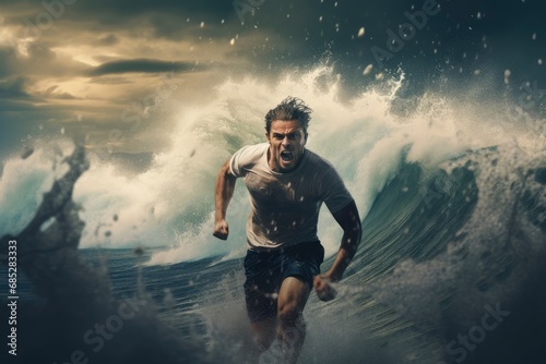 An athlete runs from a tsunami
