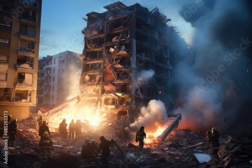 Rescue service clears debris after a fire in a multi-stored building, hyper-realistic image