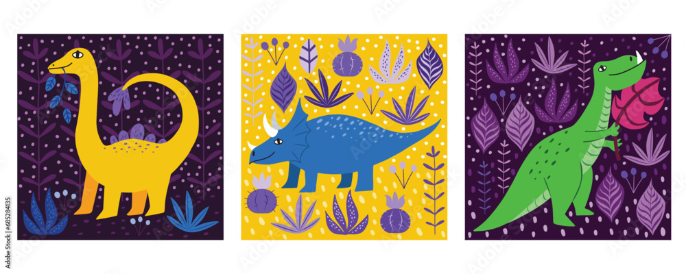 Set with three square shape cards with cute different dinosaurs. Hand drawn childish vector illustration