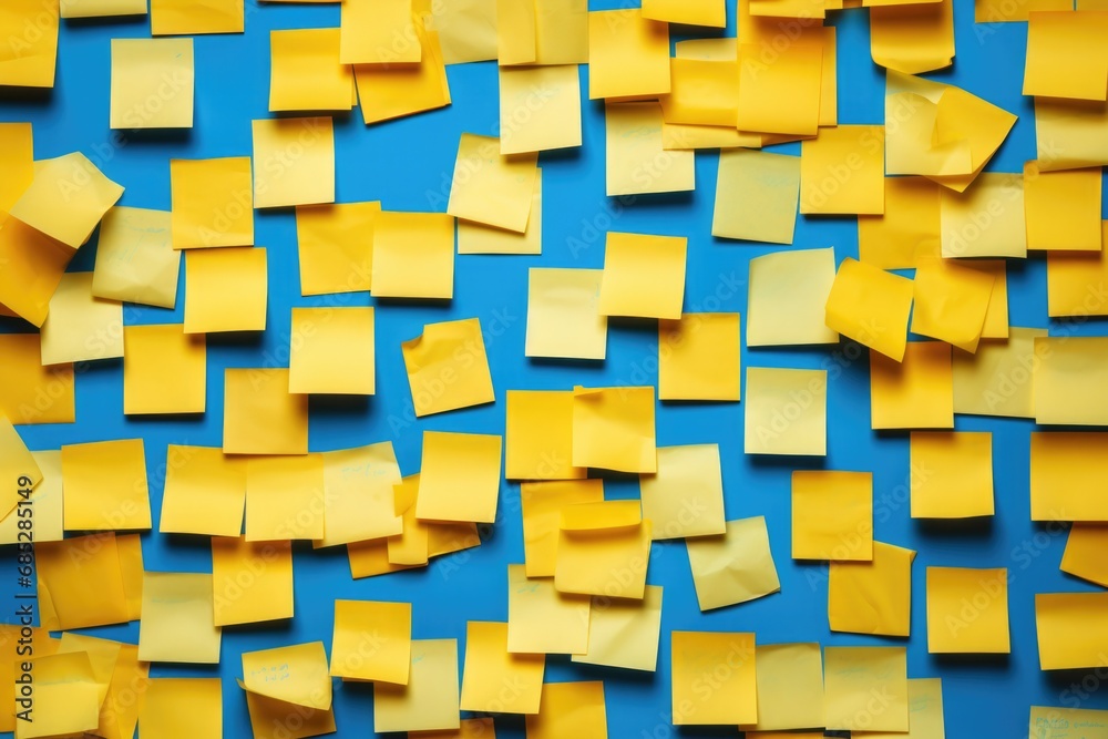 A collection of yellow post it notes arranged on a blue surface. Ideal for office organization and note-taking purposes