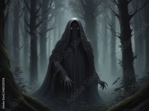 Una figura misteriosa con ojos ocultos que se asoma desde las profundidades del bosque, envuelta en oscuridad y misterio photo