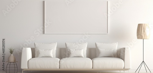 Close-up of an empty white frame on a light wall  contrasting a creamy sofa for a tranquil atmosphere