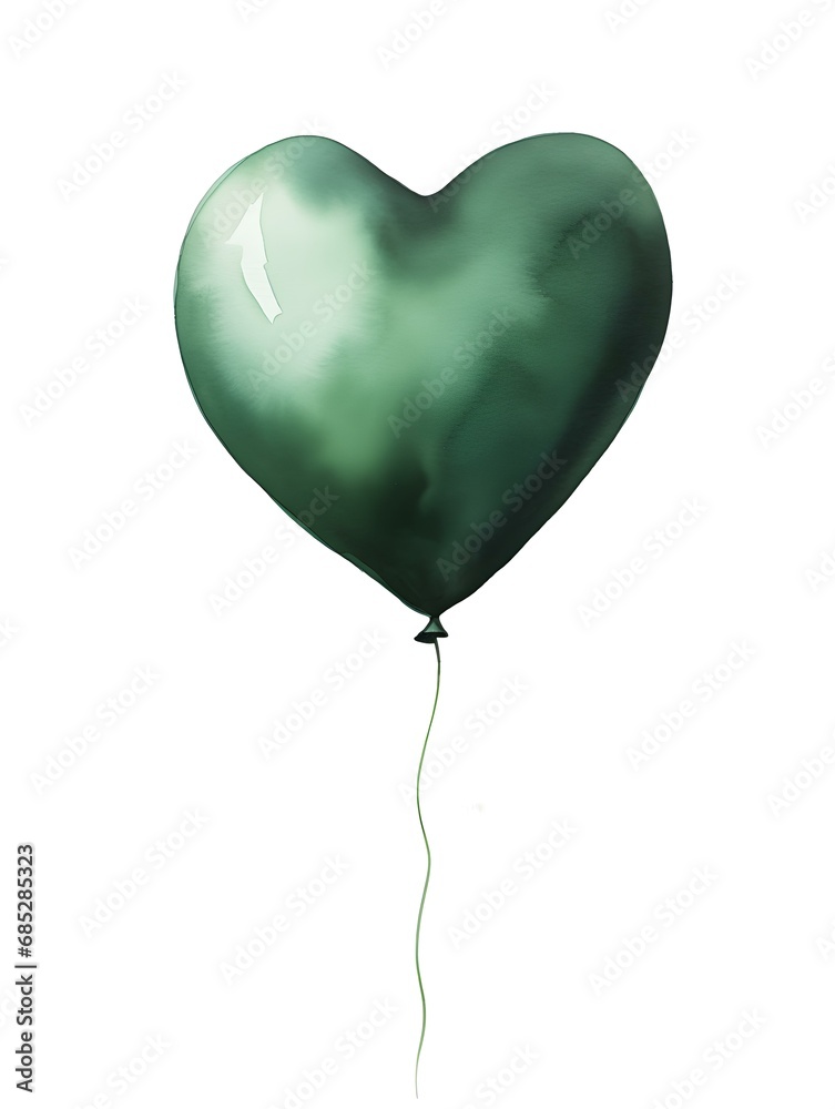 Drawing of a Heart shaped Balloon in dark green Watercolors on a white Background. Romantic Template with Copy Space Drawing of a Heart shaped Balloon in dark green Watercolors on a white Background. Romantic Template with Copy Space