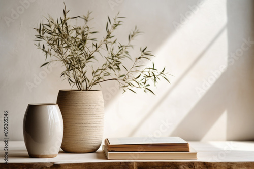 Elegant Mediterranean home design. Textured vase with olive tree branches. Generative Ai