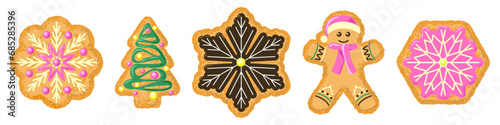 Gingerbread Christmas snowflakes star Santa Man, Christmas tree. isolated images of cookies on a white background. Layout template for design of artwork. Vector