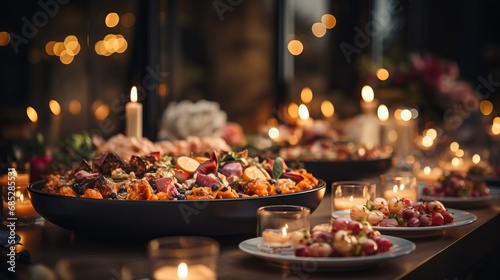 Christmas dinner table full of dishes with food and snacks. There is festive decor in the background. The table is decorated with fir branches and garland lights. feast for guests
