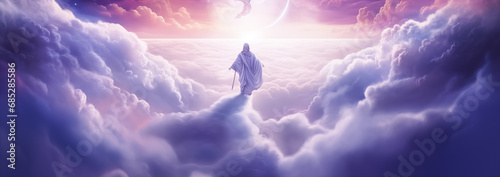 Jesus Christ In The Clouds Of Heaven sky background. Resurrected Jesus Christ ascending to heaven above the bright light sky and clouds and God, Heaven and Second Coming concept photo
