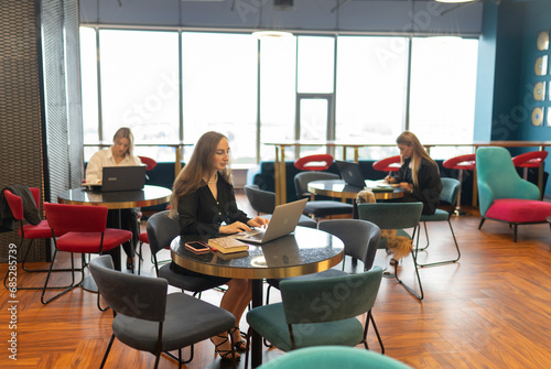 Ladies employees wearing office outfits occupy different desks. Colleagues actively work on tasks for collaborative project in secure office