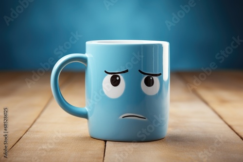 A blue mug with a sad face on it. This image can be used to convey feelings of sadness or disappointment.