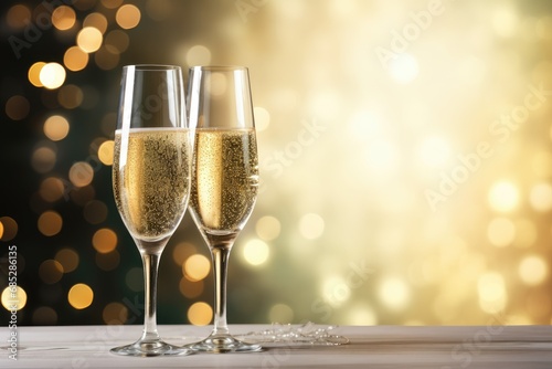 Two glasses of strongly foaming champagne on christmas background. Photos in bright colorful, saturated, Christmas colors.