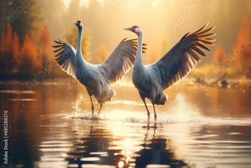 Two large birds standing in a body of water. This image can be used to depict wildlife, nature, animals, or bird habitats © Ева Поликарпова