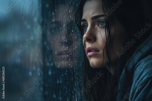 A woman standing by a window, gazing outside as raindrops streak down the glass. 
