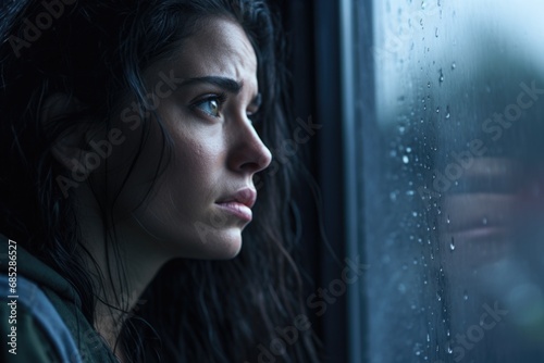 A woman standing by a window, gazing outside as rain falls. This image can be used to depict contemplation, solitude, or a rainy day scene