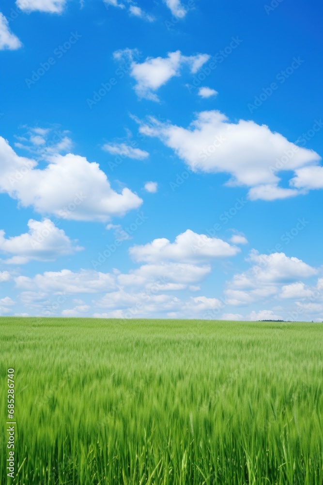 Wide-open field with tall grass and a bright blue sky  AI generated illustration