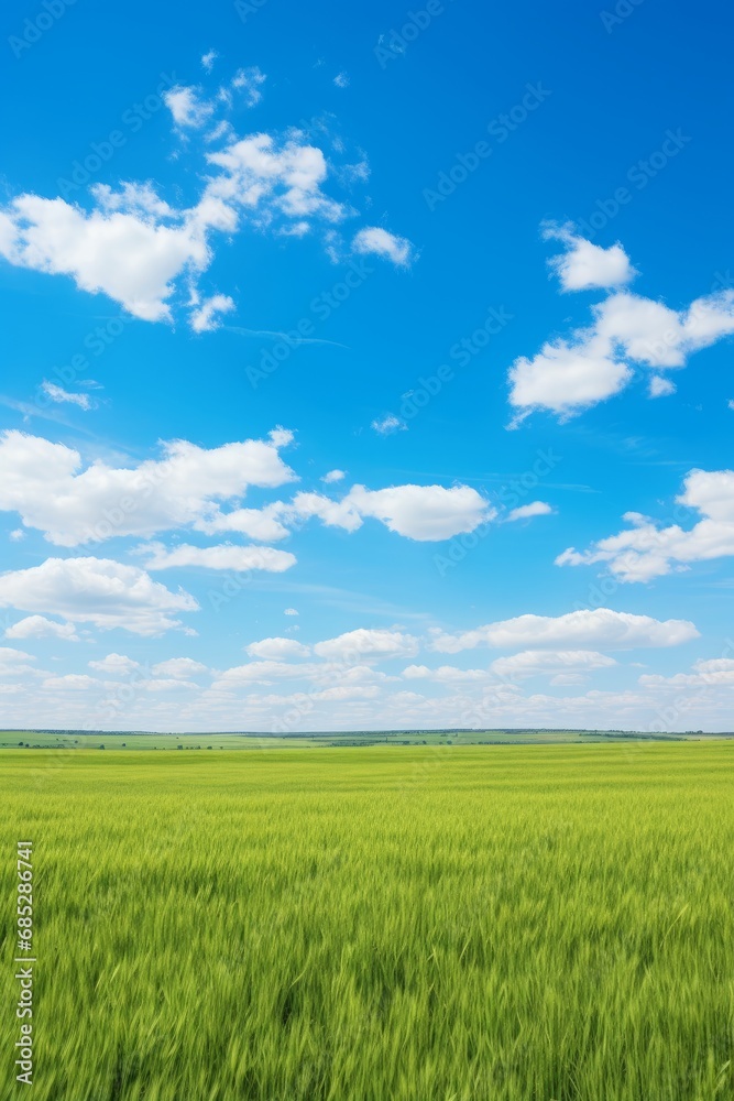 Wide-open field with tall grass and a bright blue sky  AI generated illustration