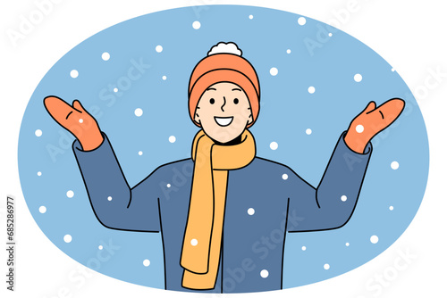 Smiling boy standing outside feel excited with snow. Happy child in outerwear overjoyed with winter holidays. Vector illustration.