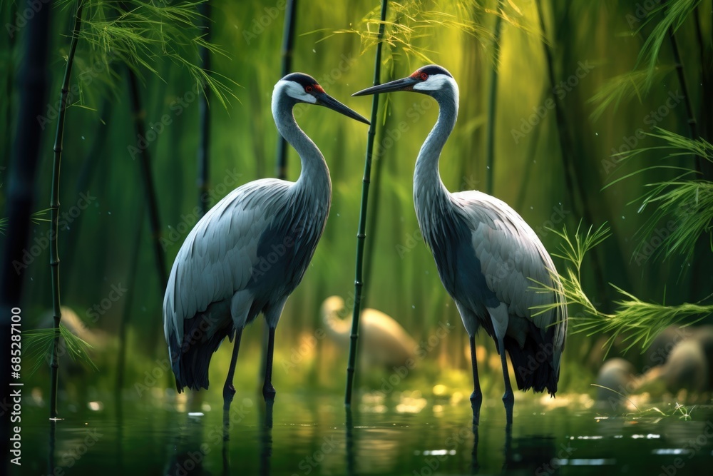 Naklejka premium Two birds standing in the water with their beaks together. 