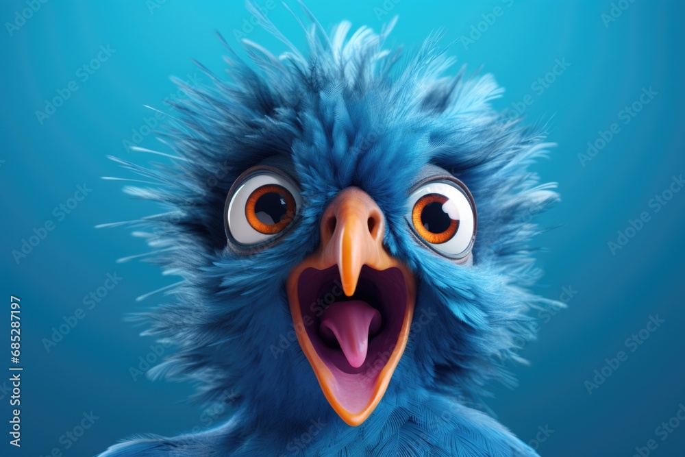 Obraz premium A close-up image of a blue bird with its mouth wide open, capturing its vibrant colors and intricate details. This image can be used to depict nature, wildlife, birdwatching, or animal communication.