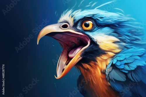 A close-up view of a bird with its mouth open. This image can be used to depict various concepts such as communication, singing, or capturing a moment of surprise or excitement. photo