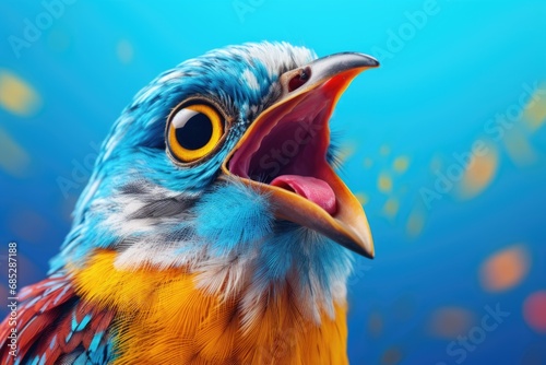 A vibrant bird captured in a moment with its beak wide open. This image can be used to depict the bird's call or to represent nature and wildlife. photo