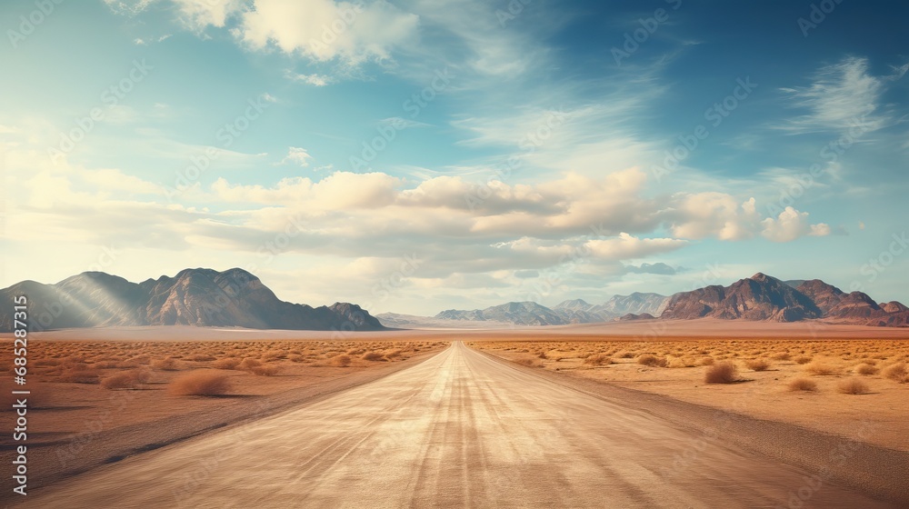 Desolate empty road stretching through a desert AI generated illustration Desolate empty road stretching through a desert AI generated illustration