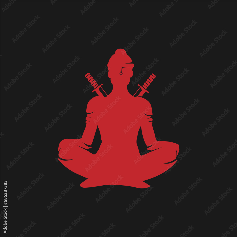 Lady warrior relaxing. Silhouette. Red on Black.