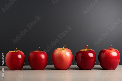 Apples with the wall on the background. Shiny, sweet and red apples. Natrual or organic food. Cooking concept photo