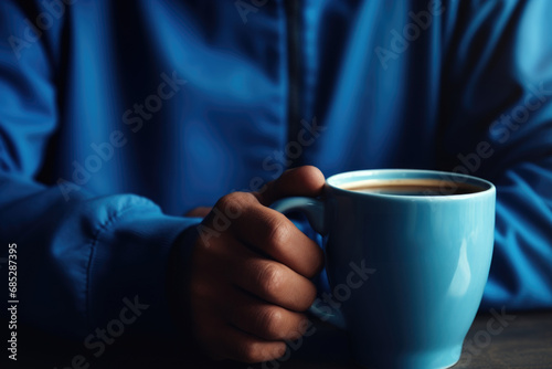 A close-up shot of a person's hand holding a cup of coffee. 
