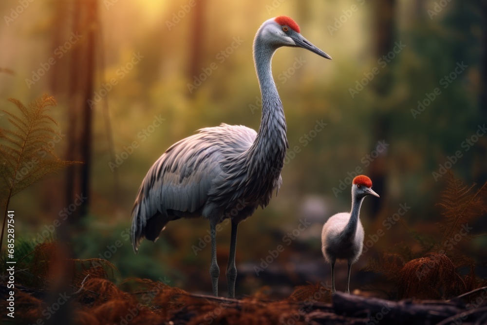 Obraz premium Two birds standing side by side in a forest. Suitable for nature-themed designs and illustrations.