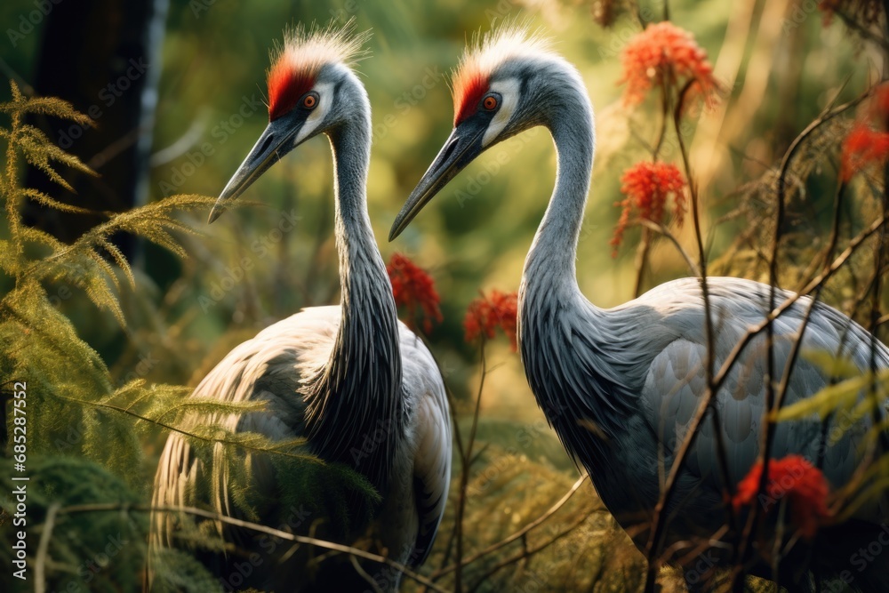Fototapeta premium Two birds standing next to each other in a forest. Perfect for nature and wildlife enthusiasts.