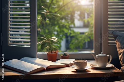 A simple and cozy scene featuring a cup of coffee and a book on a table. Perfect for illustrating relaxation, morning routines, or enjoying a quiet moment with a good read.