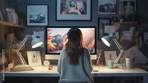 Digital artist editing a picture at her minimalistic workspace  AI generated illustration photo
