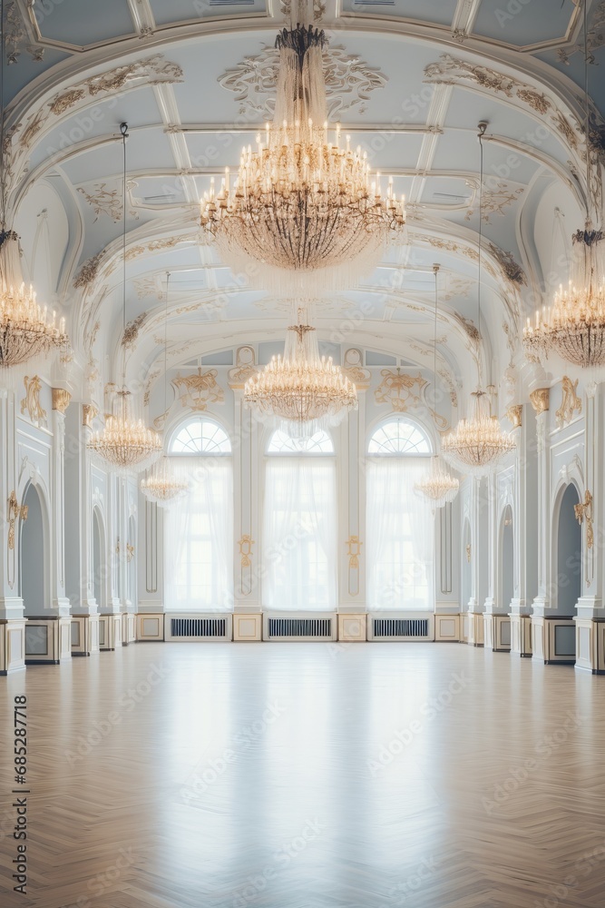 Elegant ballroom with large chandelier for event decor mockup  AI generated illustration
