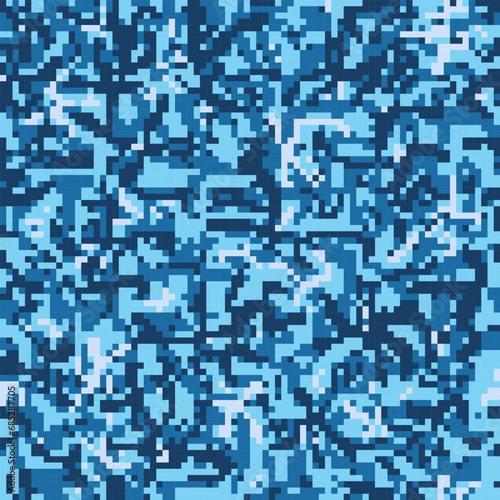 Digital monochrome azure blue camouflage seamless pattern.