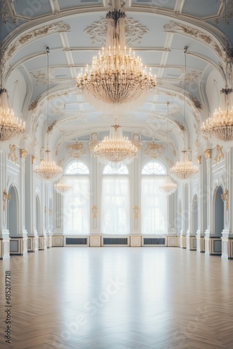 Elegant ballroom with large chandelier for event decor mockup AI generated illustration