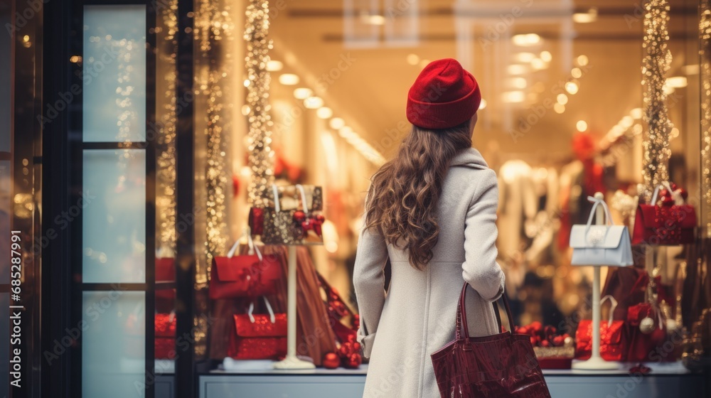 Back view of stylish woman in coat walks among the Christmas-decorated shop windows. Christmas Holiday Shopping, Festive Mood, Winter Garments, Decorated Storefronts, Gift Selection
