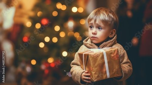 Sad disheartened boy in tears with Christmas gift, indicating upset emotions amidst holiday celebrations. Christmas Holiday expectations, childhood disappointment, Xmas gift-receiving experience photo