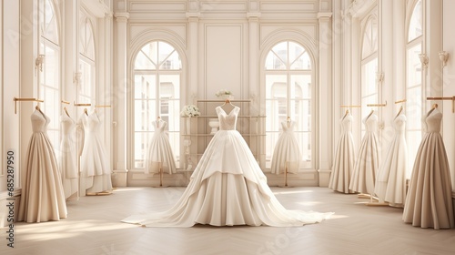 Elegant bridal shop with empty dress racks for wedding product mockup  AI generated illustration photo